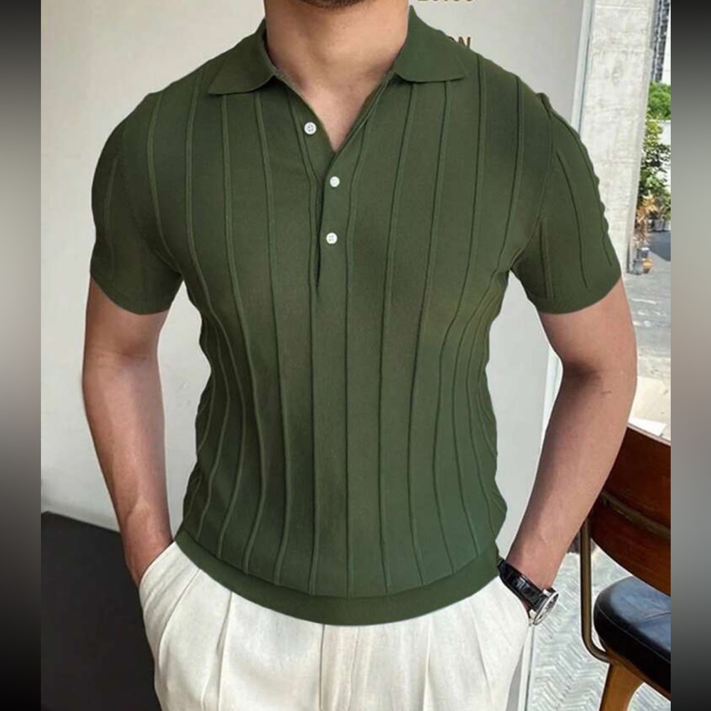 Men’s button v neck collared polo short sleeve rib knit shirt - Picture 1 of 2